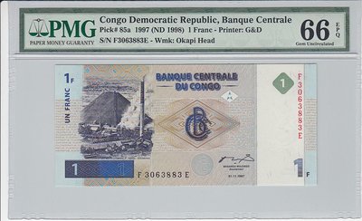 CONGO DEM. REP. P.85a - 1 Franc 1997 PMG 66 EPQ