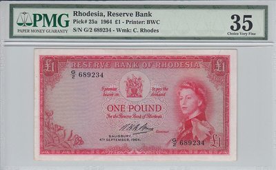 RHODESIA P.25a - 1 Pound 1964 PMG 35