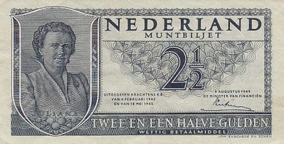 NETHERLANDS P.73 - 2,50 gulden 1945 XF