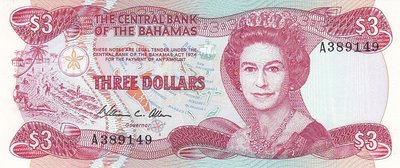 BAHAMAS P.44a - 3 Dollars 1974 UNC