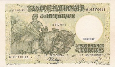 BELGIUM P.106 - 50 Francs 10 Belgas 1945 XF