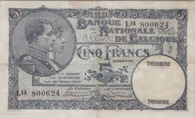 BELGIUM P.97b - 5 Francs 1931 XF