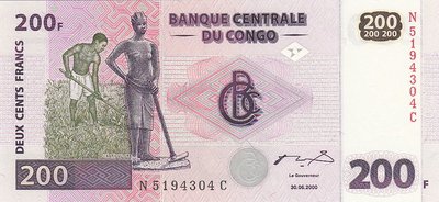 CONGO DEM. REPUBLIC P.95a - 200 Francs 2000 UNC