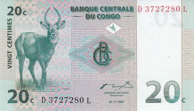 CONGO DEM. REP. P.83a - 20 Centimes 1997 UNC