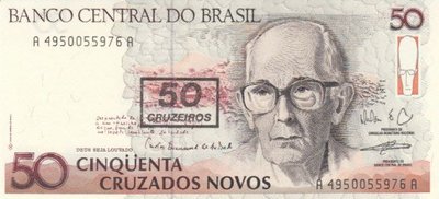 BRAZIL P.223 - 50 Cruzeiros on 50 Cruzados Novos ND 1990 UNC