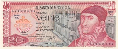 MEXICO P.64d - 20 Pesos 1977 UNC