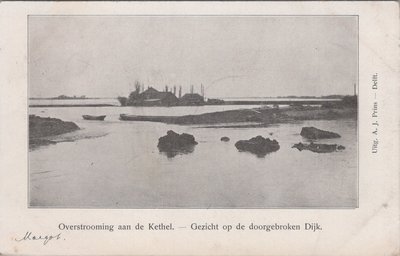 KETHEL - Overstrooming aan de Kethel. Gezicht op de doorgebroken Dijk