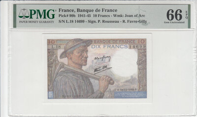 FRANCE P.99b - 10 Francs 1942 PMG 66 EPQ