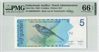 NETHERLANDS ANTILLES P.22a - 5 Gulden 1986 PMG 66 EPQ