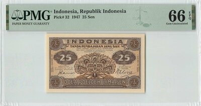 INDONESIAP.32 - 25 Sen 1947 PMG 66 EPQ