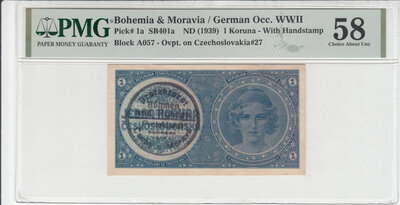 BOHEMIA & MORAVIA P.1a - 1 Koruna ND1939 PMG 58