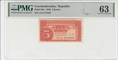 CZECHOSLOVAKIA P.68a - 5 Korun 1949 PMG 63