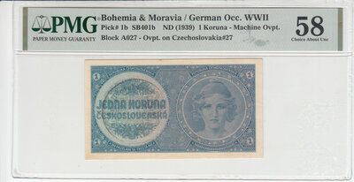 BOHEMIA & MORAVIA P.1b - 1 Koruna ND1939 PMG 58