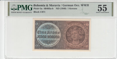 BOHEMIA & MORAVIA P.3a - 1 Koruna ND1940 PMG 55