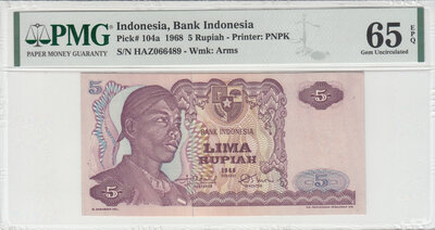 INDONESIA P.104a - 5 Rupees 1968 PMG 65 EPQ