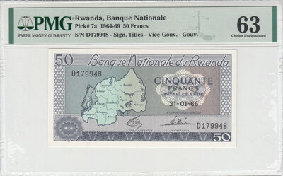 RWANDA P.7a - 50 Francs 1966 PMG 63
