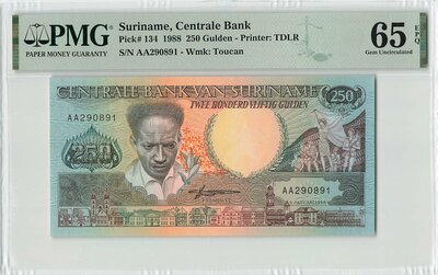 SURINAME P.134 - 250 Gulden 1988 PMG 65 EPQ