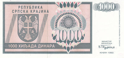 CROATIA P.R.5s - 1000 Dinara 1992 Specimen UNC