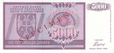 BOSNIA HERCEGOVINA P.138s - 5000 Dinara 1992 Specimen UNC