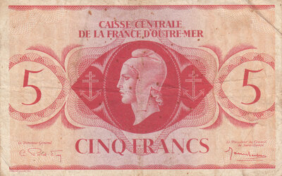 FRENCH EQUATORIAL AFRICA P.15c - 5 Francs 1944 VF