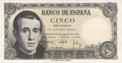 SPAIN P.140 - 5 Pesetas 1951 AU