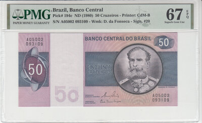BRAZIL P.194c - 50 Cruzeiros ND 1980 PMG 67 EPQ