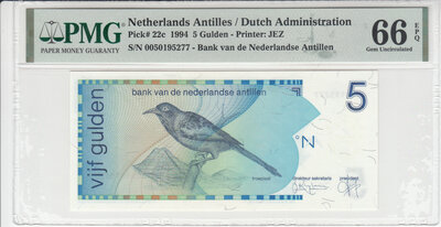 NETHERLANDS ANTILLES P.22c - 5 Gulden 1994 PMG 66 EPQ