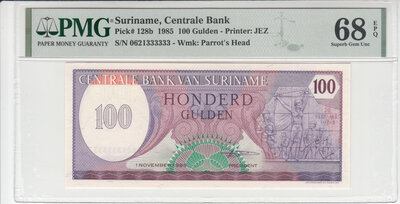 SURINAME P.128b - 100 Gulden 1985 PMG 68 EPQ