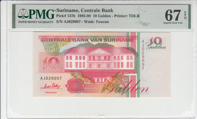 SURINAME P.137b - 10 Gulden 1996 PMG 67 EPQ
