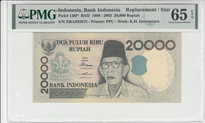 INDONESIA P.138f - 20.000 Rupiah 1998/2003 Replacement PMG 65 EPQ
