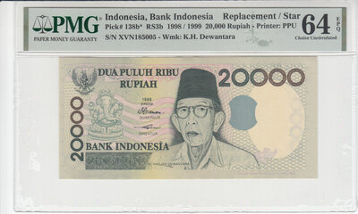 INDONESIA P.138b - 20.000 Rupiah 1998/1999 Replacement PMG 64 EPQ