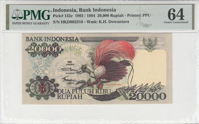 INDONESIA P.132c - 20.000 Rupiah 1992/1994 PMG 64
