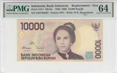 INDONESIA P.137e - 10.000 Rupiah 1998/2002 Replacement PMG 64