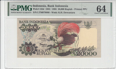 INDONESIA P.132d - 20.000 Rupiah 1992/1995 PMG 64