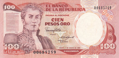 COLOMBIA P.426d - 100 Pesos Oro 1989 UNC