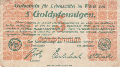 GERMANY Mü. 12-0010.2 - 5 Goldpfennig 1923 Aachen aVF