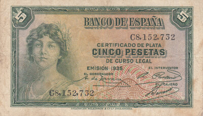 SPAIN P.85a - 5 Pesetas 1935 (1936) VF