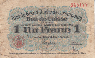 LUXEMBOURG P.27 - 1 Franc 1914-1918 (1919) Fine