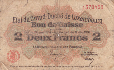 LUXEMBOURG P.28 - 2 Francs 1914-1918 (1919) VG small edge tear
