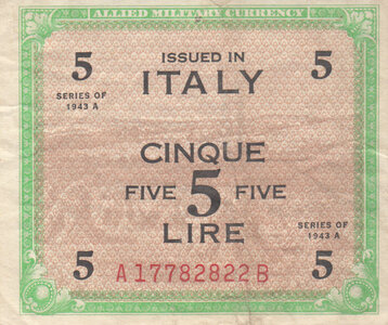 ITALY M.12a - 5 Lire 1943 VF pinhole