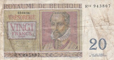BELGIUM P.132b - 20 Francs 1956 Fine