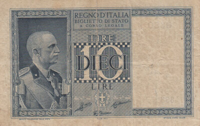 ITALY P.25b - 10 Lire 1938 VF