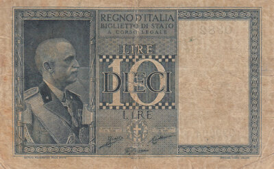 ITALY P.25b - 10 Lire 1938 Fine/VF