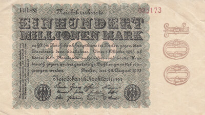 GERMANY P.107d - 100 Millionen Mark 19232 VF small edge tear