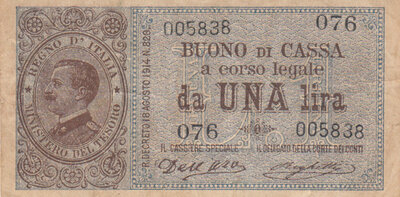 ITALY P.36a - 1 Lira ND 1914-1917 VF