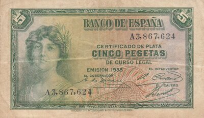 SPAIN P.85a - 5 Pesetas 1935 (1936) VF