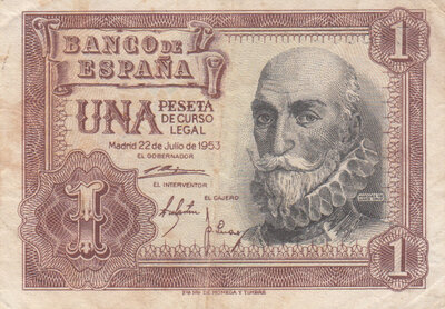 SPAIN P.144a - 1 Peseta 1953 VF