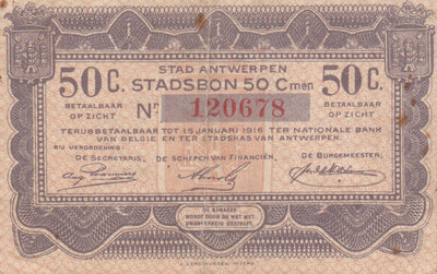 BELGIUM P.- 50 Cent Stad Antwerpen Stadsbon 1915 XF