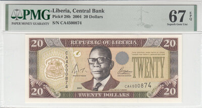 LIBERIA P.28b - 20 Dollars 2004 PMG 67 EPQ