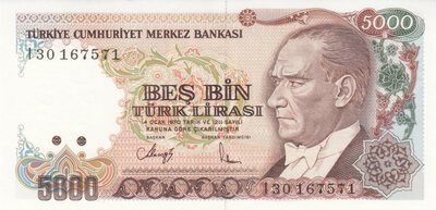 TURKEY P.198 - 5000 Lira L.1970 (1990) UNC